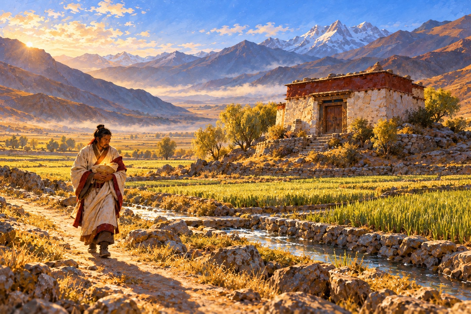 A broad high valley in morning light, with green barley fields and willows. A small old whitewashed temple stands in the middle distance, and a lone figure in a white robe with red-bordered shawl walks away from it, holding a softly glowing cloth bundle.