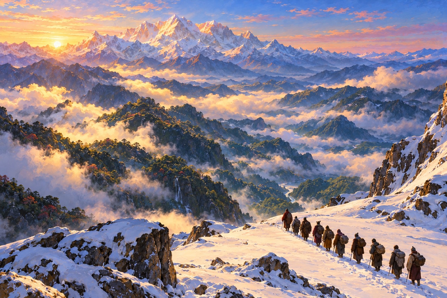 A high aerial view of a snowy mountain pass at dawn, where a tiny line of travelers crosses the snow. Far below, mist-filled green forested valleys stretch away, and the huge white Kangchenjunga massif glows pink on the left.