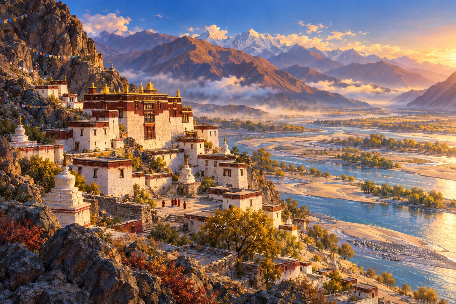 A high view of a whitewashed monastery with red-brown bands at the foot of a steep rocky hillside, beside a broad braided river with sand dunes and willows, under a clear blue morning sky.