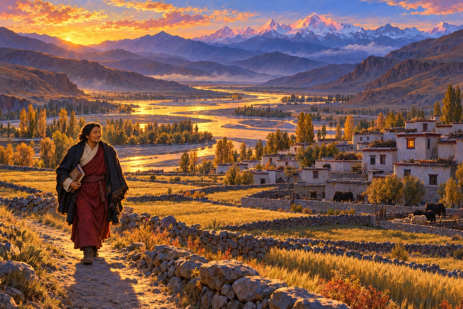 A wide Tibetan river valley at sunset, with golden barley fields, willow lines and a small village of whitewashed flat-roofed houses. A small figure in a dark cloak walks along a path with a bundle of books under his arm, toward a house with one lit window.