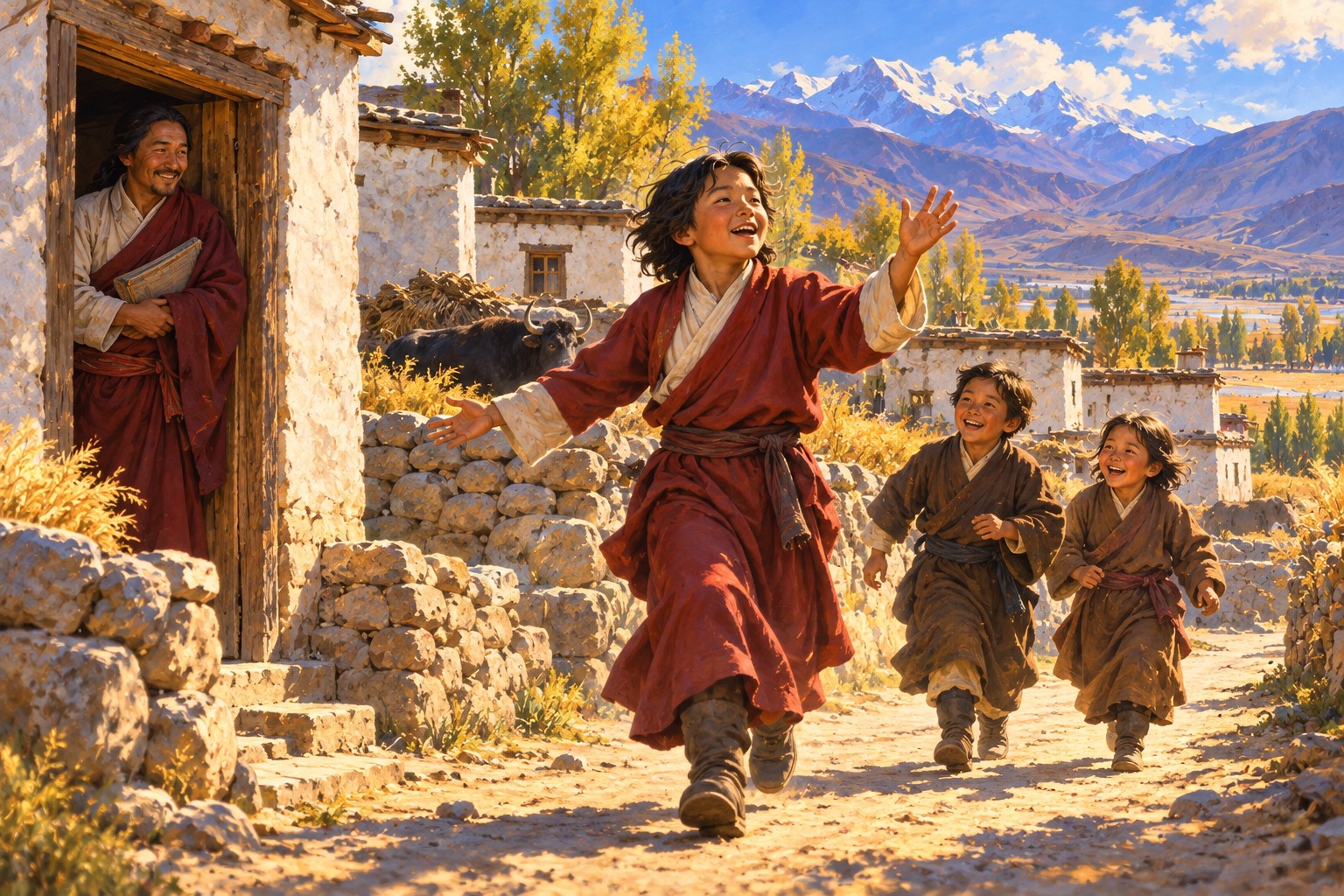 A Tibetan boy in a dark red robe runs and skips along a village lane, reciting aloud with his arms outstretched while two smaller children follow laughing. His teacher watches from a doorway with an amused, amazed expression.