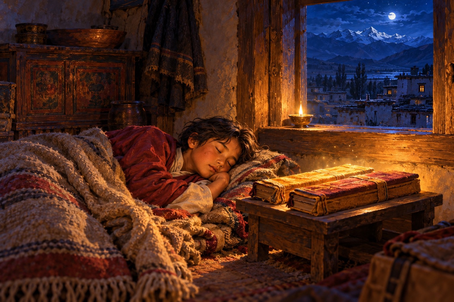 A Tibetan boy sleeps on a wool mat in a moonlit room. Beside his pillow, two long cloth-wrapped books glow softly with golden light, and a small butter lamp burns on the windowsill.