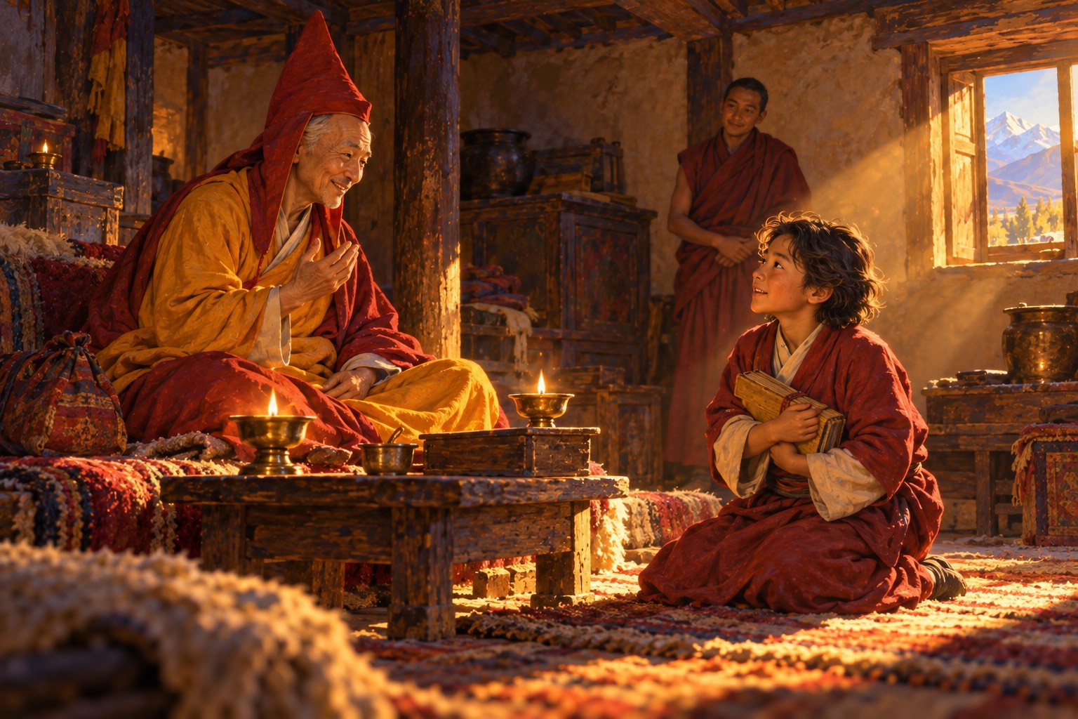 In a warm, lamp-lit Tibetan room, an elderly Indian monk in a tall red pointed hat and saffron robes smiles with delight at a teenage Tibetan boy kneeling before him with a wrapped book.