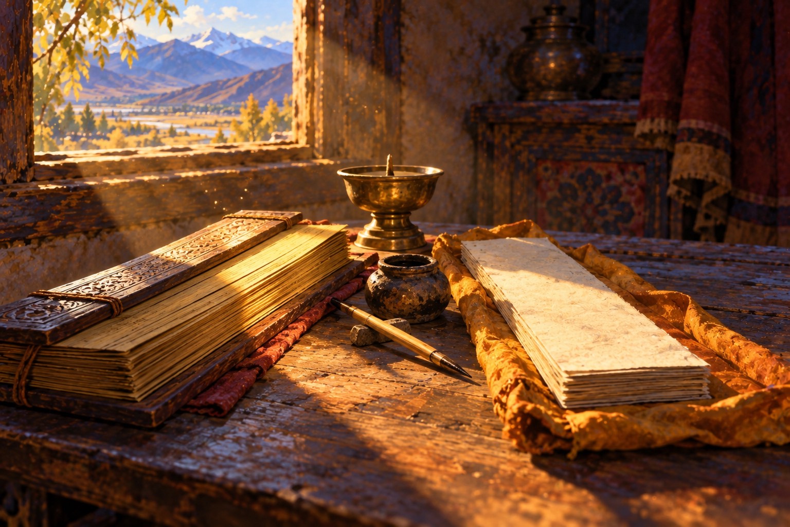 Close-up of a wooden table: an Indian palm-leaf manuscript between carved covers on one side and a long Tibetan paper book on the other, with an inkpot and bamboo pen between them in a beam of morning light.