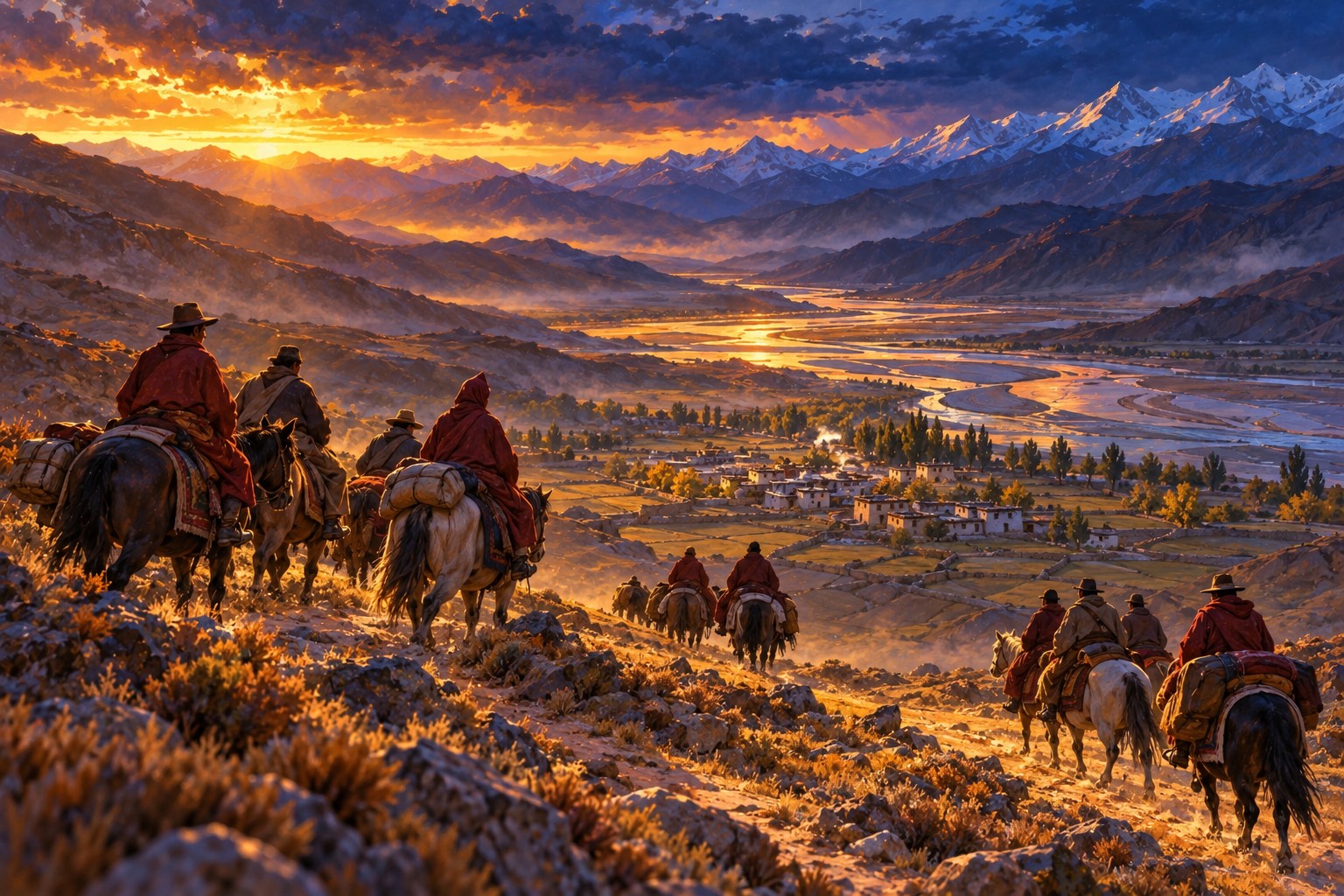 An aerial view at dusk of riders on horseback converging across a high plain from several directions toward a small village by a river, under breaking storm clouds.