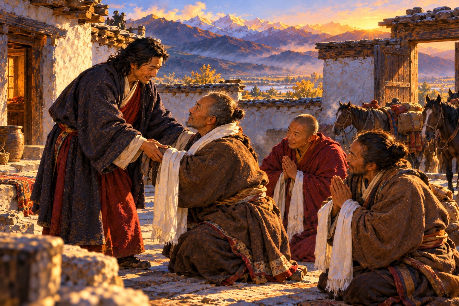 At dawn in a Tibetan courtyard, three scholars kneel and offer white scarves, while Rongzom smiles and reaches out to lift the nearest one to his feet.
