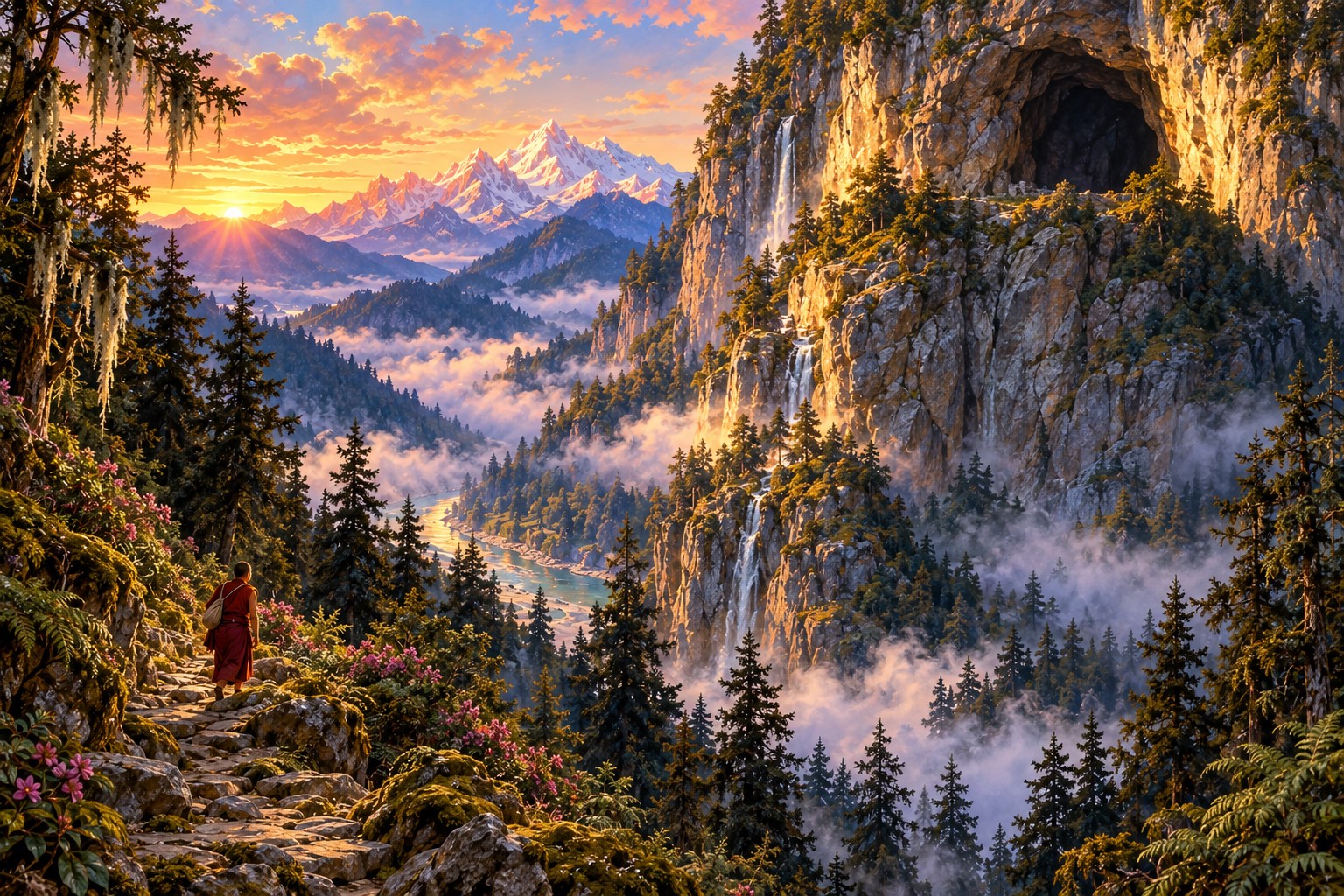 A great grey cliff rises from dark misty forest at dawn, a cave mouth high in its face catching gold light, while a tiny figure in maroon robes climbs a path below.