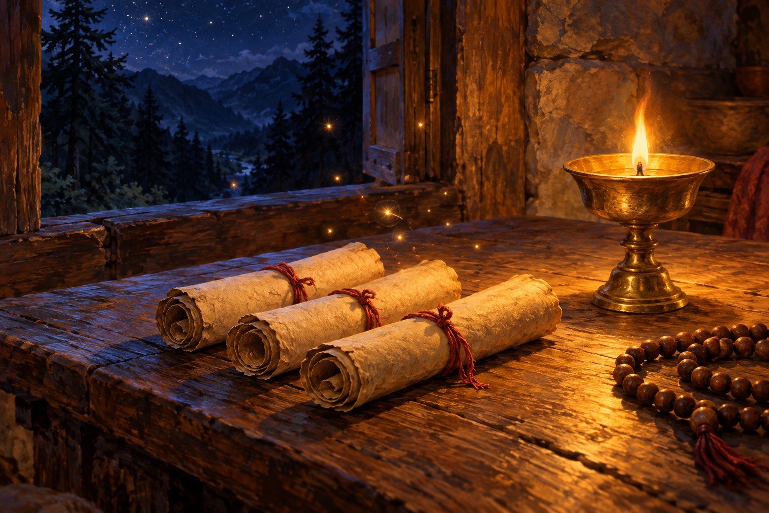 Three small rolled scrolls tied with red cord lie on a wooden table beside a single butter lamp and a mala at night.