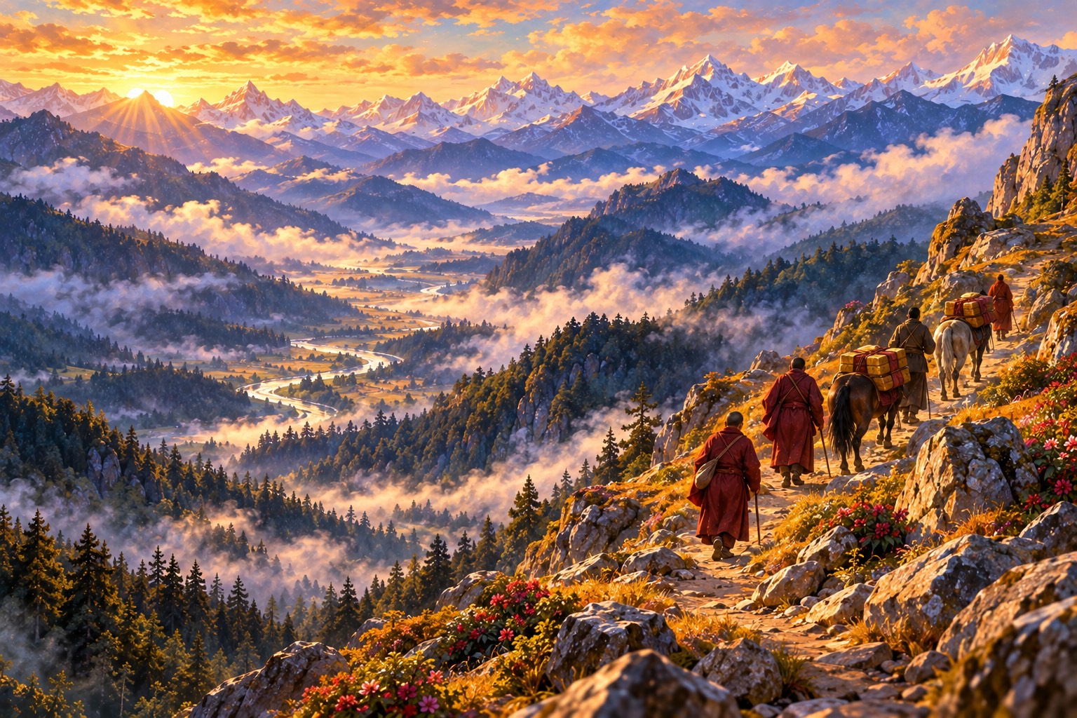 Seen from above, a small line of monks and pack horses carrying cloth-wrapped books climbs a golden mountain pass out of misty forested valleys.