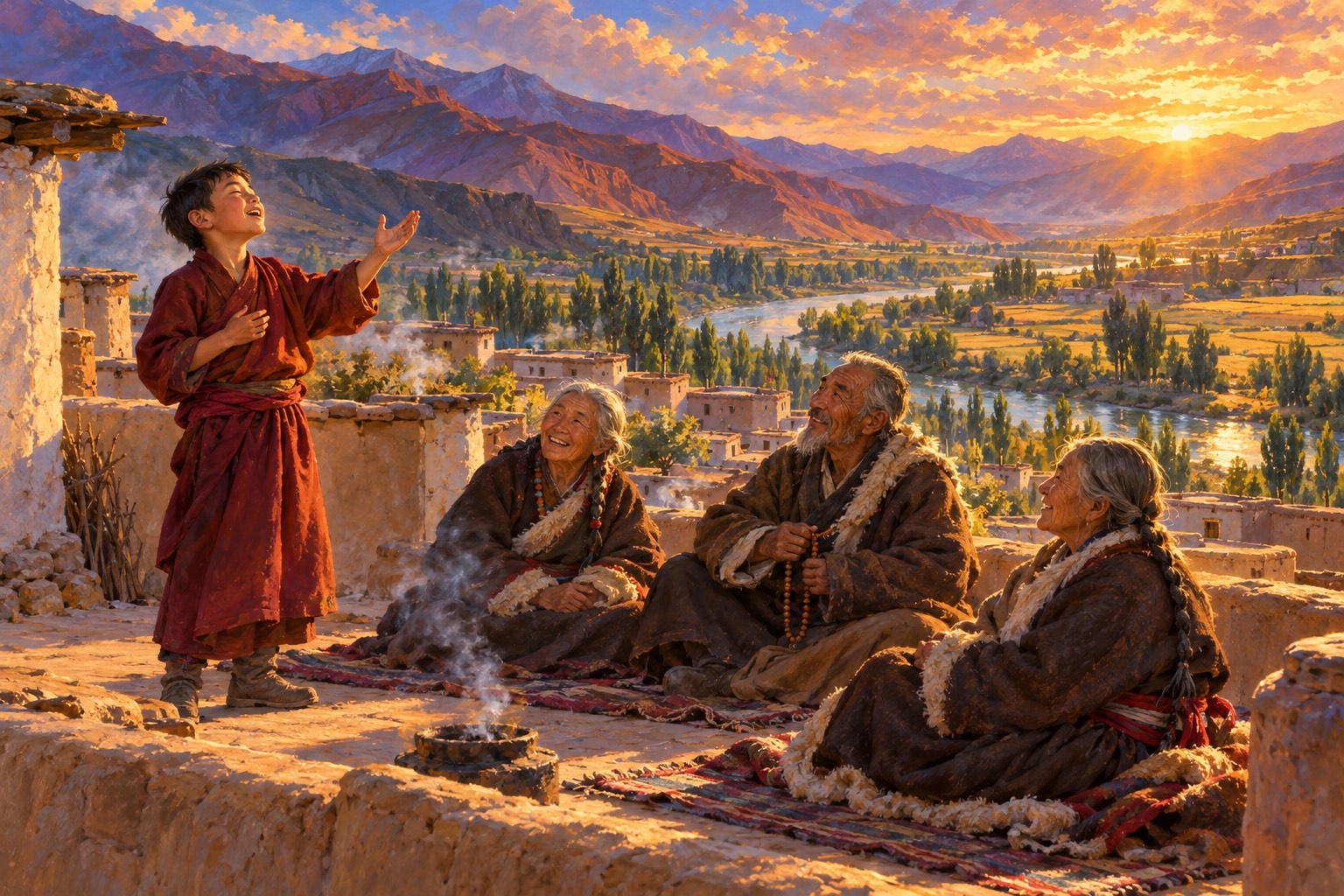 On a flat village rooftop in a river valley, a boy in a dark red robe sings with one hand raised, while two grandmothers with grey braids and an old man with prayer beads sit on rugs listening and smiling.