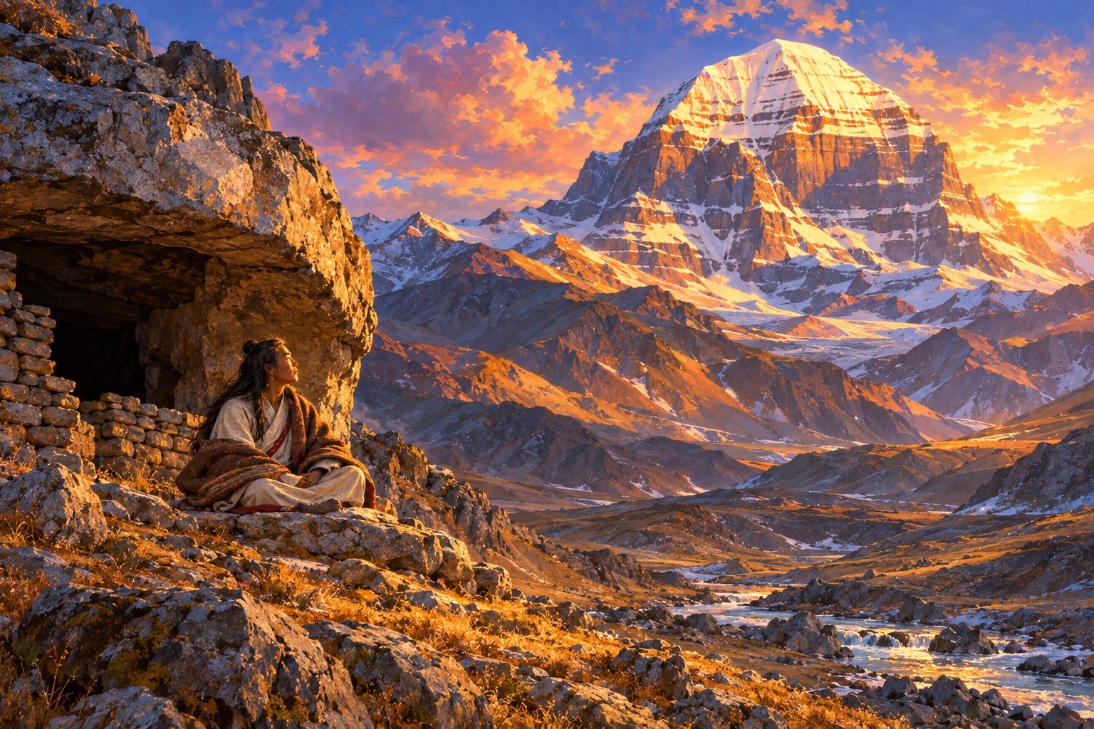 Looking up at the great snow-capped pyramid of Mount Kailash glowing gold in late light. Below, on a barren slope, a yogi in white sits outside a small cave with a low stone wall, gazing up at the mountain.