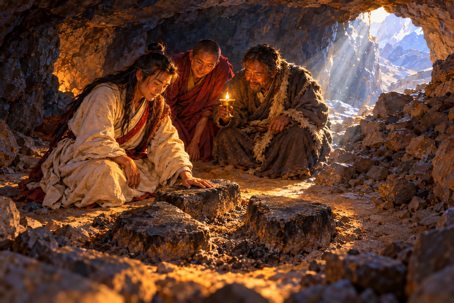Inside a smoke-blackened mountain cave, a long-haired yogi in white kneels beside three old soot-darkened hearthstones, while a monk and a layman holding a butter lamp lean in behind him. A shaft of daylight falls through a gap in the rock.