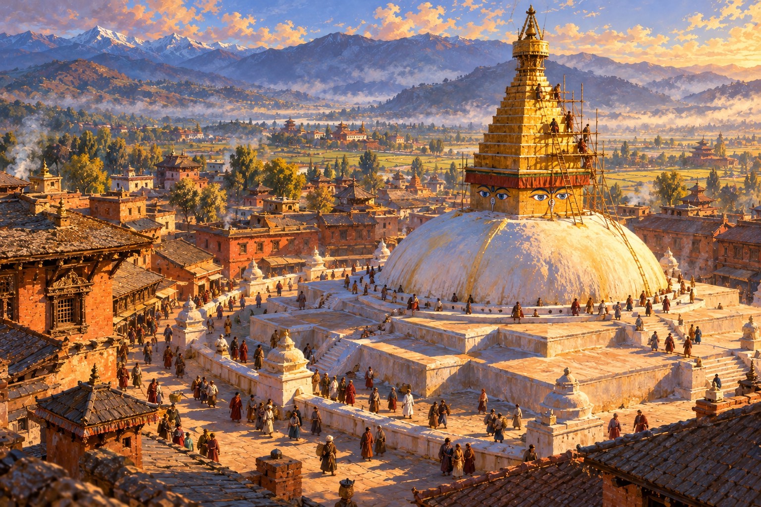 An aerial view of a great white domed stupa on square terraces, its tall stepped spire gleaming gold, with workers on bamboo scaffolding and small pilgrims walking around the base among brick houses and green fields.