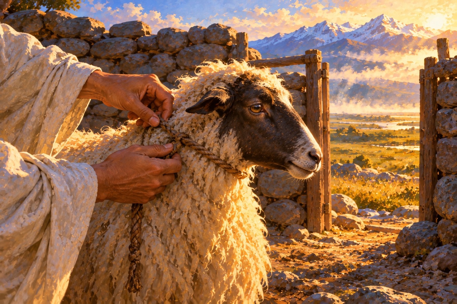 A close-up of two weathered hands loosening a rough rope from around a young sheep's neck, beside the open gap of a stone pen, with misty golden grassland beyond.