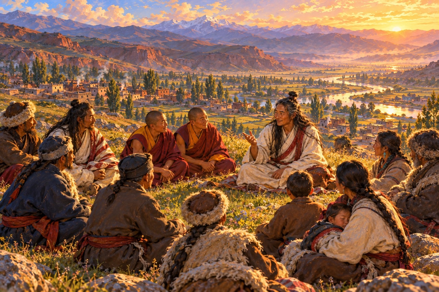 On a grassy hillside at golden hour, a long-haired yogi in white sits speaking to a half-circle of listeners: monks in maroon and yellow, a yogi in white, Mongol herders in fur hats, a trader, farmers and mothers with children.