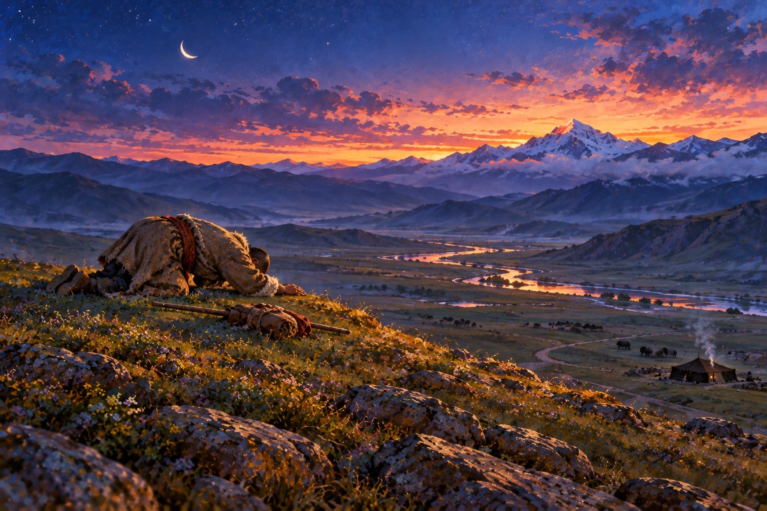 At blue dusk on a rise in wide grassland, a small figure in a sheepskin coat bows to the ground toward the north, his staff and a wrapped book beside him, with the first stars and a thin moon above.