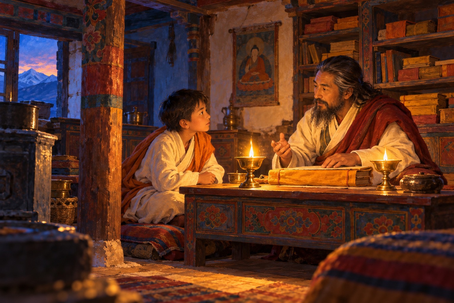 In a lamplit room, a bearded man in white robes and a dark red shawl explains something to a boy who sits across a low table from him, listening closely. Wrapped books fill the shelves behind them.