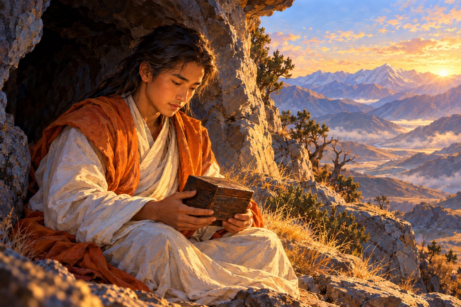 Close view of a young man with long black hair, in white robes and an orange shawl, sitting at the mouth of a rock cave in early sunlight and looking down at a small closed wooden box in his hands.