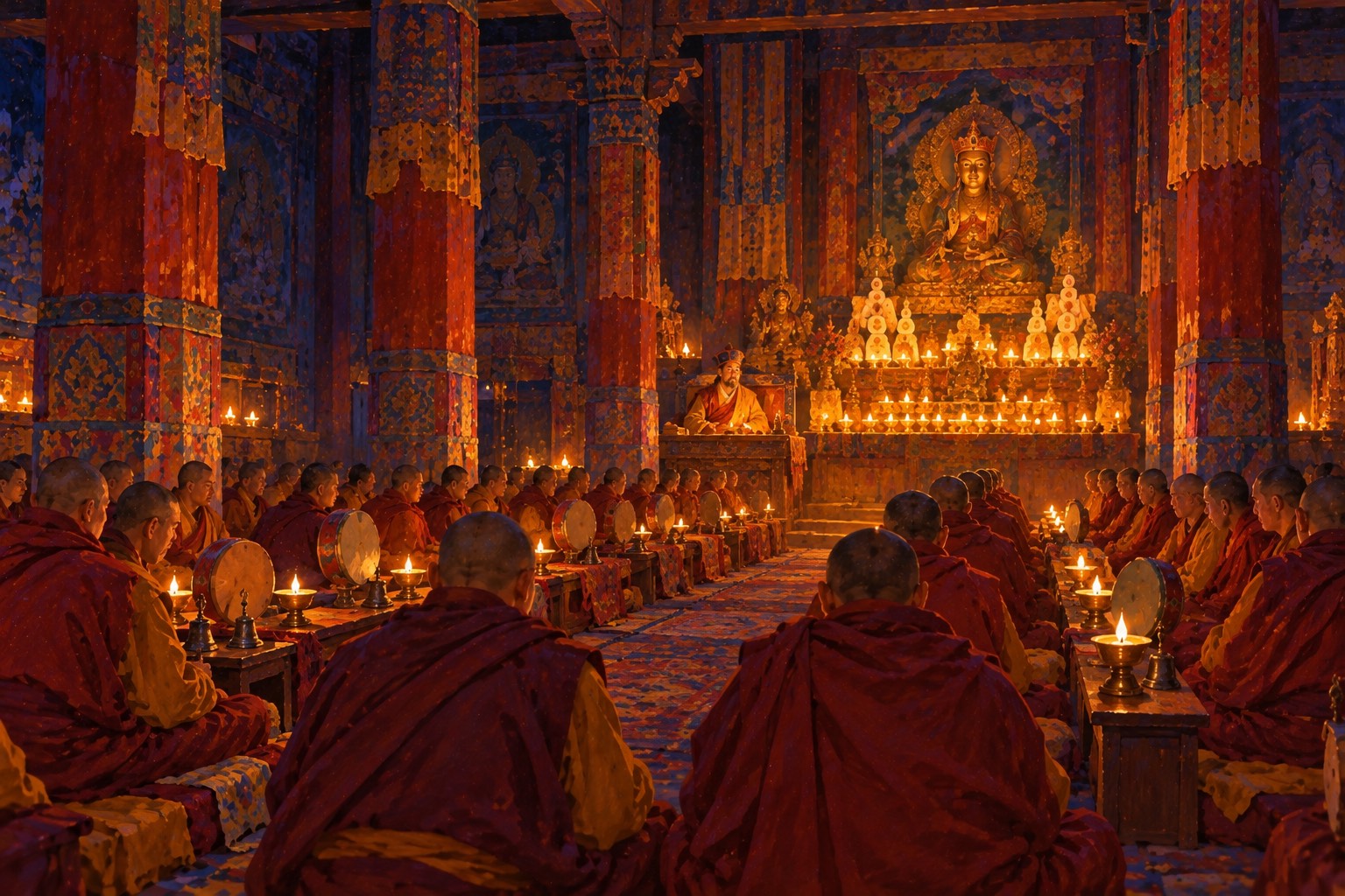 A long temple hall at night, seen from the back. Rows of monks in maroon robes sit chanting toward a shrine glowing with butter lamps and a golden statue of Guru Rinpoche, where a bearded master in a blue hat presides.