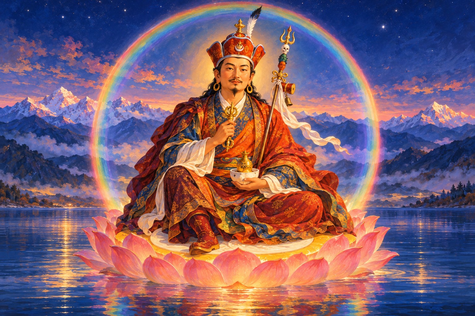 Guru Rinpoche seated on a lotus above still blue water, inside a sphere of rainbow light, wearing his lotus hat and holding a vajra at his heart and a skull cup in his lap, a slender staff resting on his shoulder.