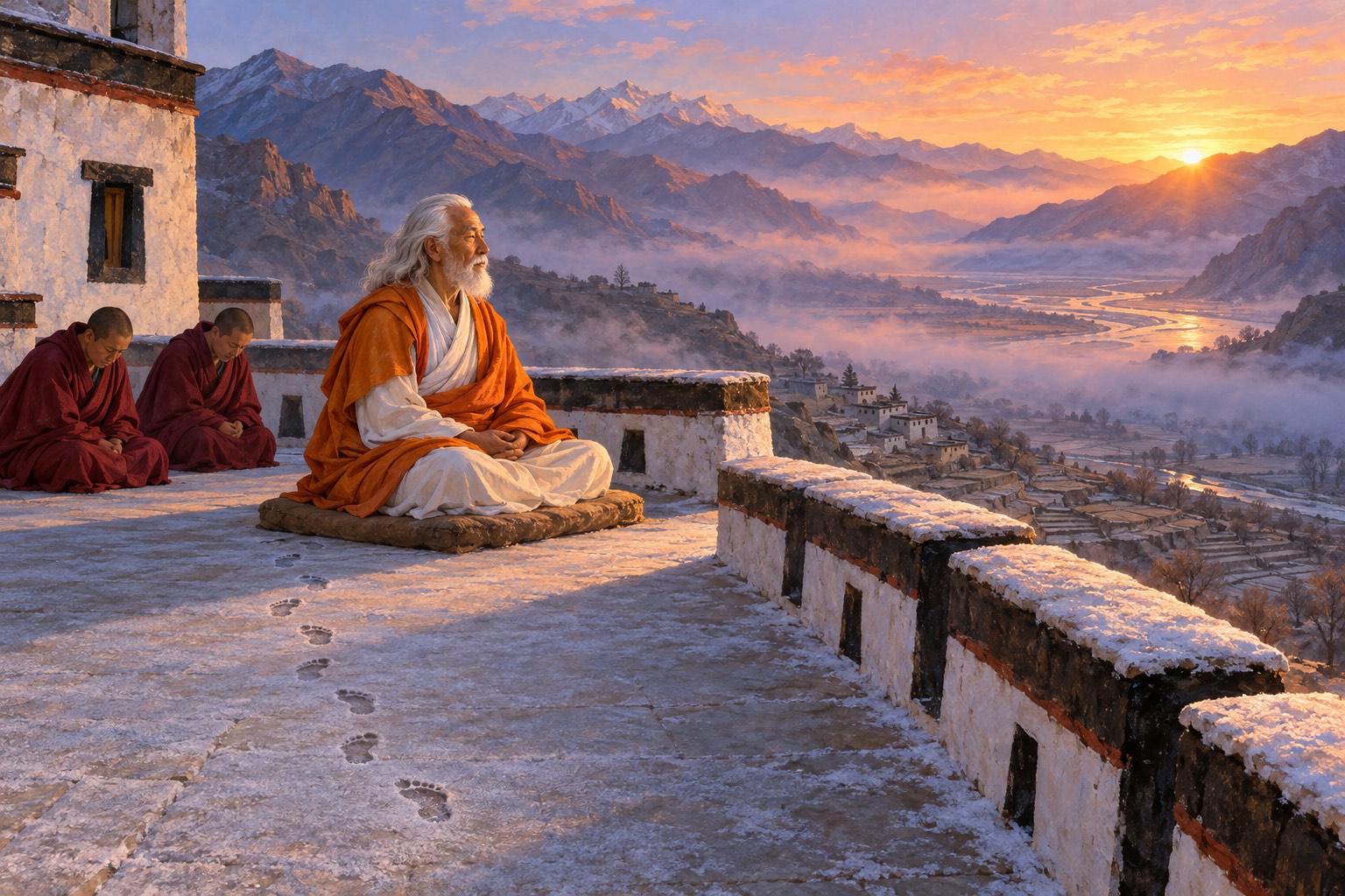 At dawn on a monastery roof terrace, an old man with a white beard, in white robes and an orange cloak, sits cross-legged facing the rising sun, with a short line of footprints in the frost behind him and two monks kneeling nearby.