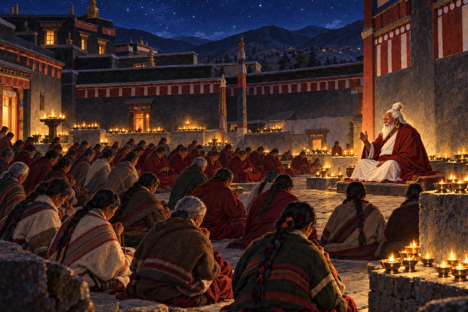 At night in a lamp-lit courtyard with grey walls striped red and white, rows of monks and townspeople sit reciting with prayer beads while an old white-bearded yogi in a red cloak leads them.