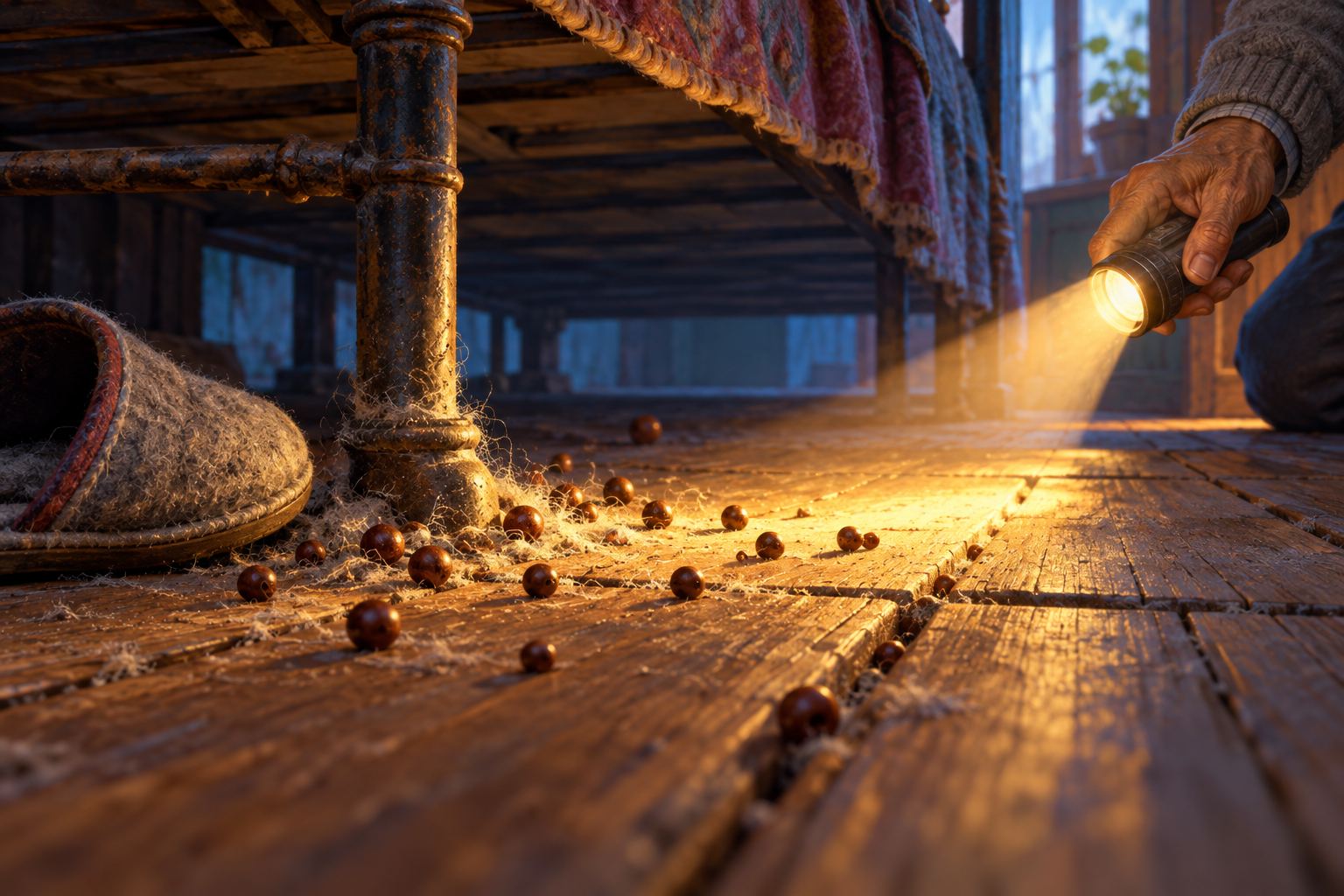 A low view under a bed: a torch beam lights small dark wooden beads scattered across dusty floorboards, a slipper lying nearby.