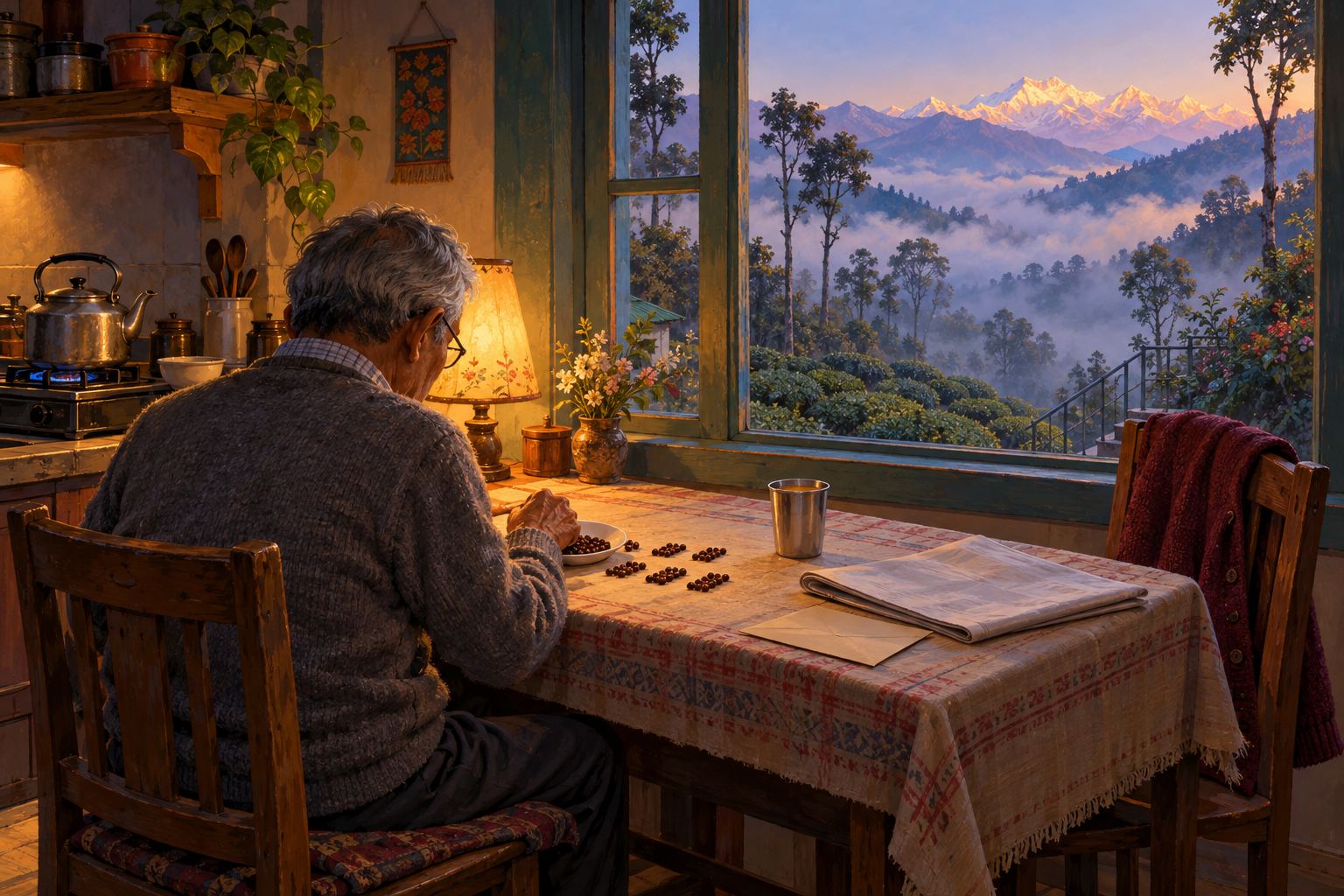 An old man seen from behind at a kitchen table by a misty window, sorting small wooden beads into groups. A woman's cardigan hangs on the empty chair opposite.