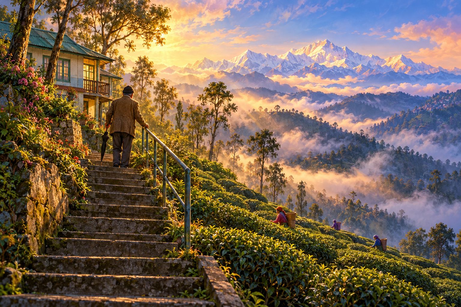 Looking up steep steps through a tea garden as the mist lifts, an old man paused partway up, tea pickers with baskets working the rows below.