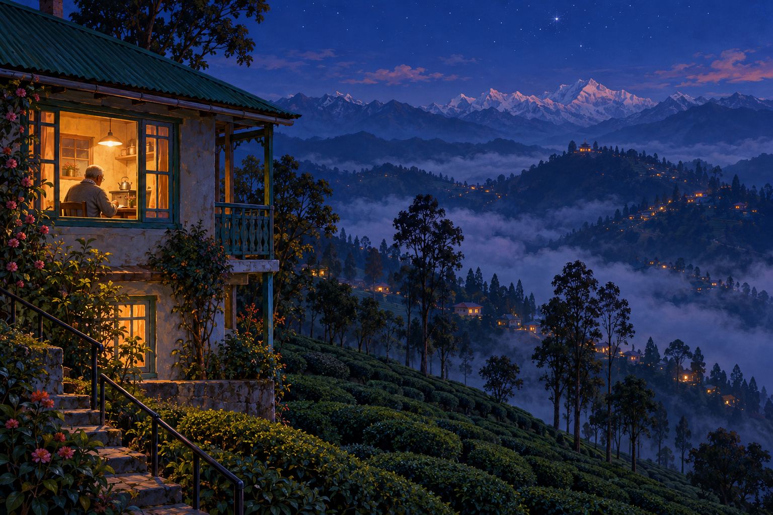 At blue hour, a small lit window with an old man bent over his work, and far across a misty valley the faint roofline of a monastery with a few tiny lights.