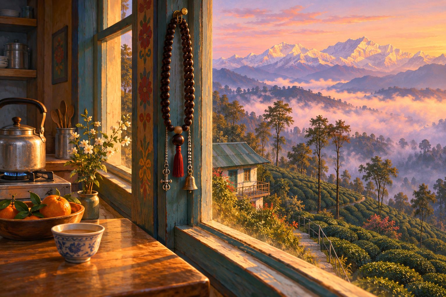 A mended mala of dark wooden beads hanging from a nail on a window frame at dawn, one paler bead beside the large guru bead, two small silver counter strings hanging down.