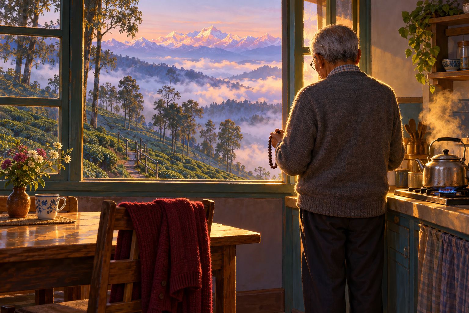 An old man seen from behind at a kitchen window at sunrise, holding a mala, a kettle steaming beside him and mist over the tea garden outside.