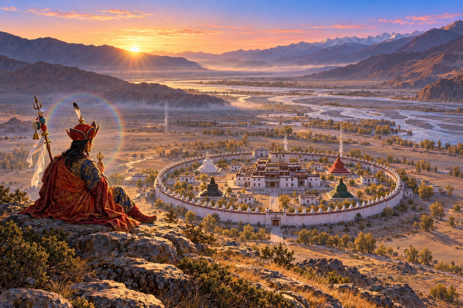 A wide dawn view from a hilltop over a round, walled monastery in a sandy river valley, with a central white temple, four colored stupas at the corners and bare mountains beyond. In the foreground Guru Rinpoche sits on a rock, seen from behind, wearing his lotus hat.