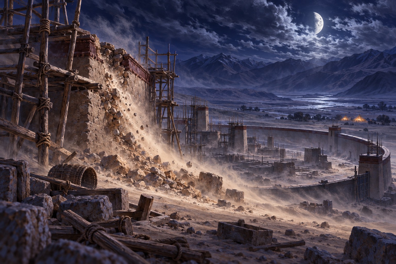 At night, wind and blowing sand sweep across a half-built site of earthen walls and wooden scaffolding beneath a cloud-crossed moon; a section of wall is crumbling, and two small lamp-lit tents glow in the distance.
