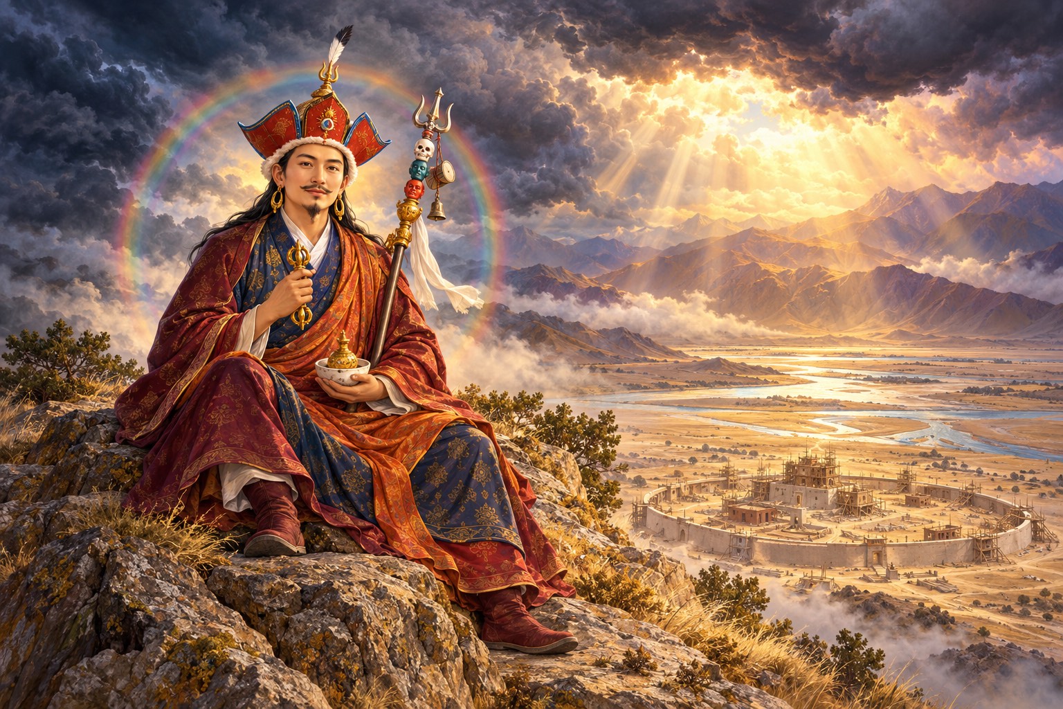 Guru Rinpoche sits calmly on a rocky hilltop with his vajra raised at his heart as dark storm clouds above him break apart and golden sunlight pours down onto a valley and half-built walls below.
