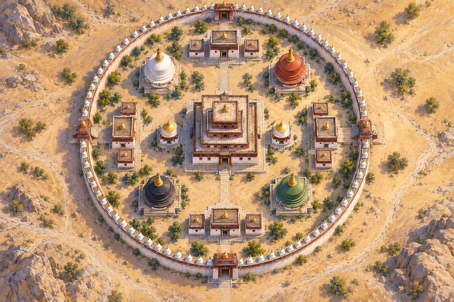 A bird's-eye view of a circular monastery laid out like a mandala: a square central temple, chapels at the four directions, four domed stupas in white, red, black and green at the corners, and a round outer wall with four gates.
