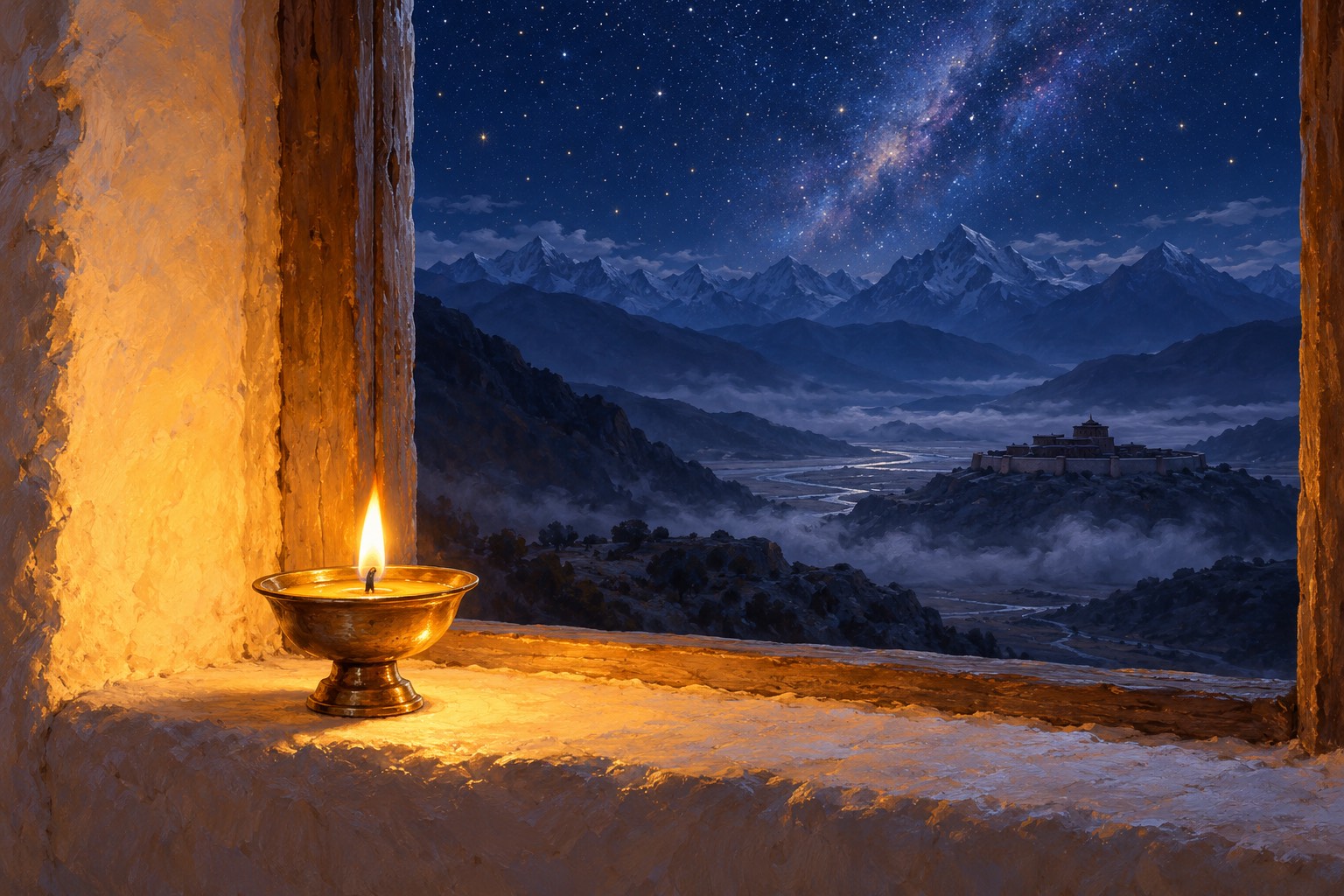 A single butter lamp burns on a whitewashed window ledge at night; beyond it, across a moonlit valley, the dark outline of a round-walled monastery lies under a sky full of stars.