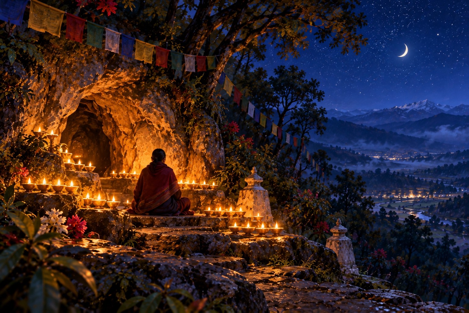 At night, rows of small butter lamps glow outside a low cave mouth on a wooded hillside; a single pilgrim sits on the step in silhouette beneath strings of prayer flags and a starry sky.