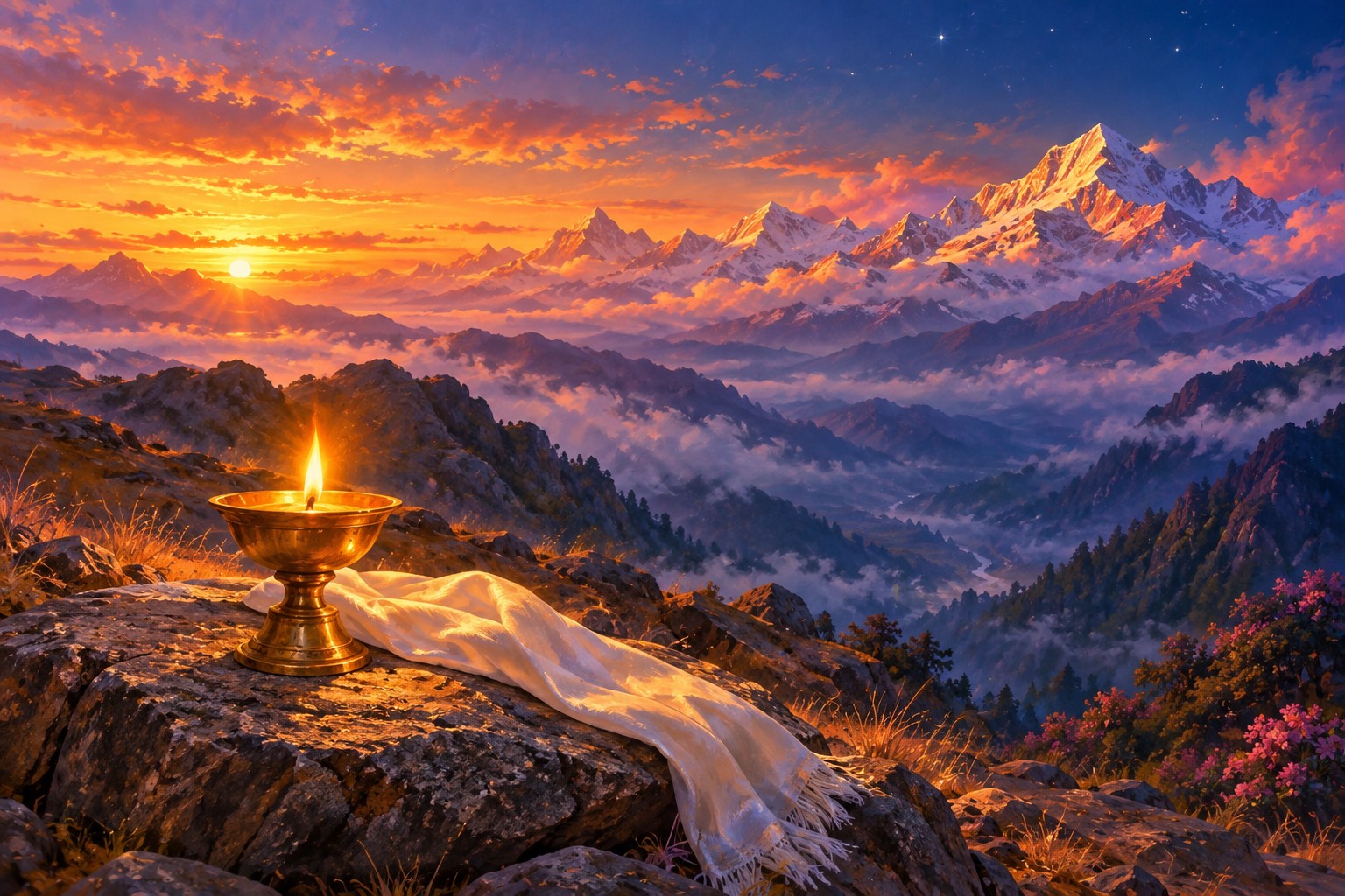 At dusk on a high mountain pass, a small brass butter lamp burns on a flat stone beside a folded white scarf, facing distant snow peaks under the last amber light in the south-west.
