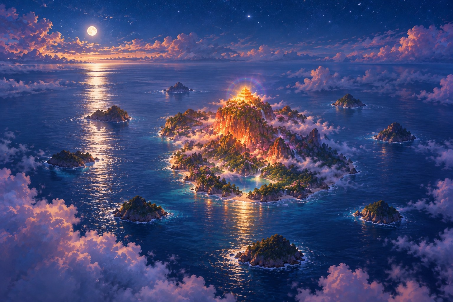 Seen from high above at night, a small heart-shaped island glows faintly copper-red in a moonlit ocean, a point of golden light on its summit, with eight dark islets in a ring around it.