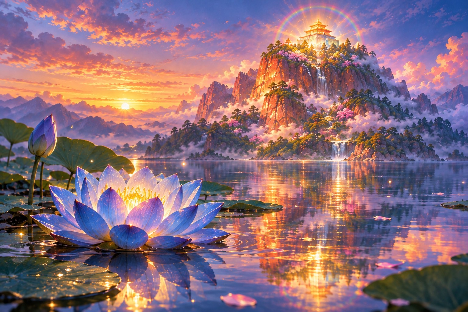 At blue hour, a single blue lotus opens on a still lake, a soft golden glow at its heart, with the blurred copper-red mountain and its glowing palace reflected behind it.