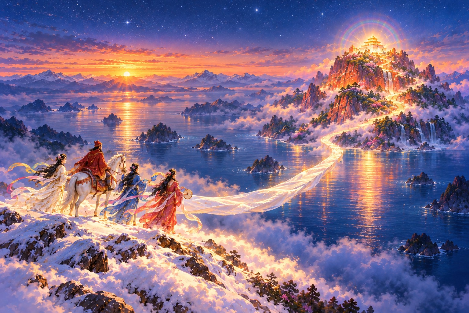 Before dawn, Pema Lingpa in a red hat sits on a white horse on a snowy summit, led by three dakinis. A glowing bridge like a white silk scarf curves across the sea toward the distant copper-red mountain and its palace of light.