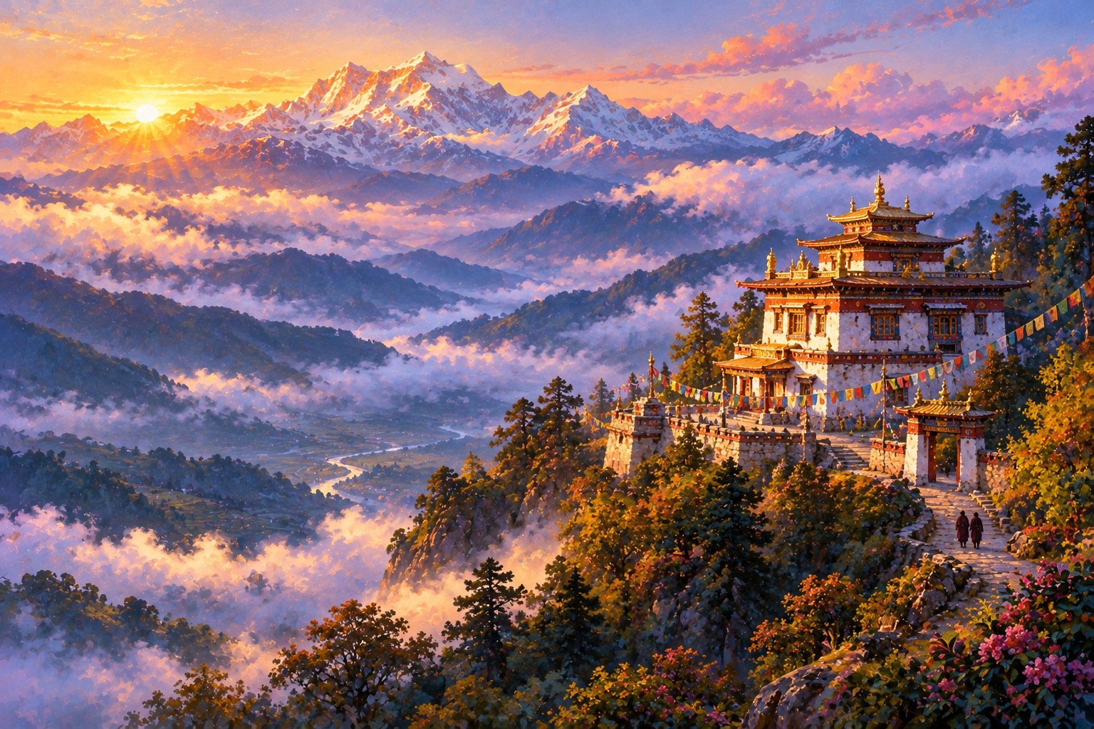 At dawn, a white three-storey temple with a maroon band and golden roof ornaments stands on a forested hilltop above misty valleys, with the snow peaks of Kangchenjunga glowing rose on the horizon.