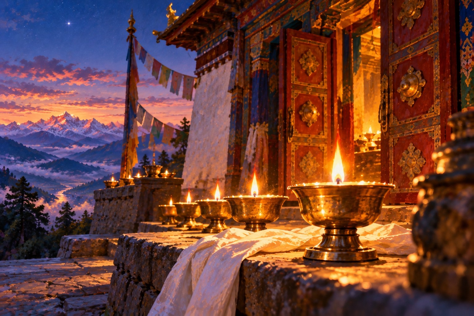 At dusk, a row of small brass butter lamps burns on a temple's stone terrace beside a white scarf, with half-open red and gold doors glowing softly behind.