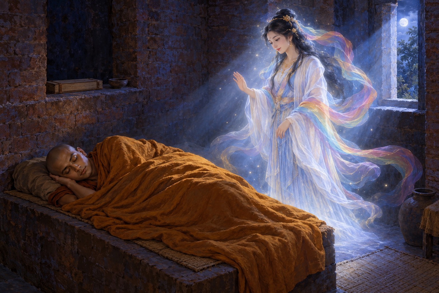 A small, bare brick room at night. A monk sleeps peacefully under an ochre cloth while, in a shaft of moonlight by the window, a translucent woman made of soft light, in white and pale blue silks, raises an open hand as if speaking to him in his dream.