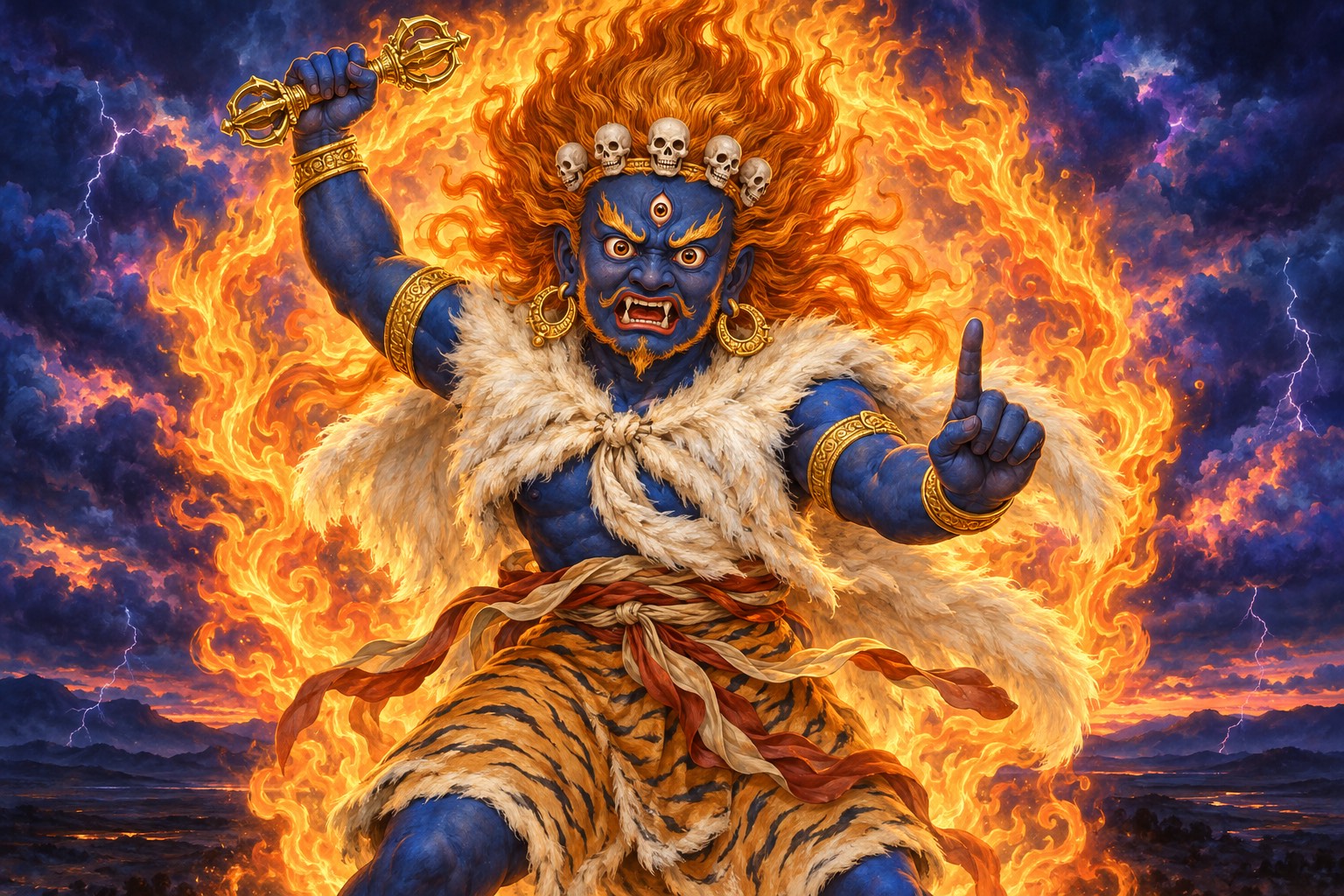 A wrathful, dark blue form of Guru Rinpoche with three eyes and flaming hair stands within a halo of orange flames, a golden vajra raised in his right hand and the index finger of his left hand raised, against a stormy violet sky.