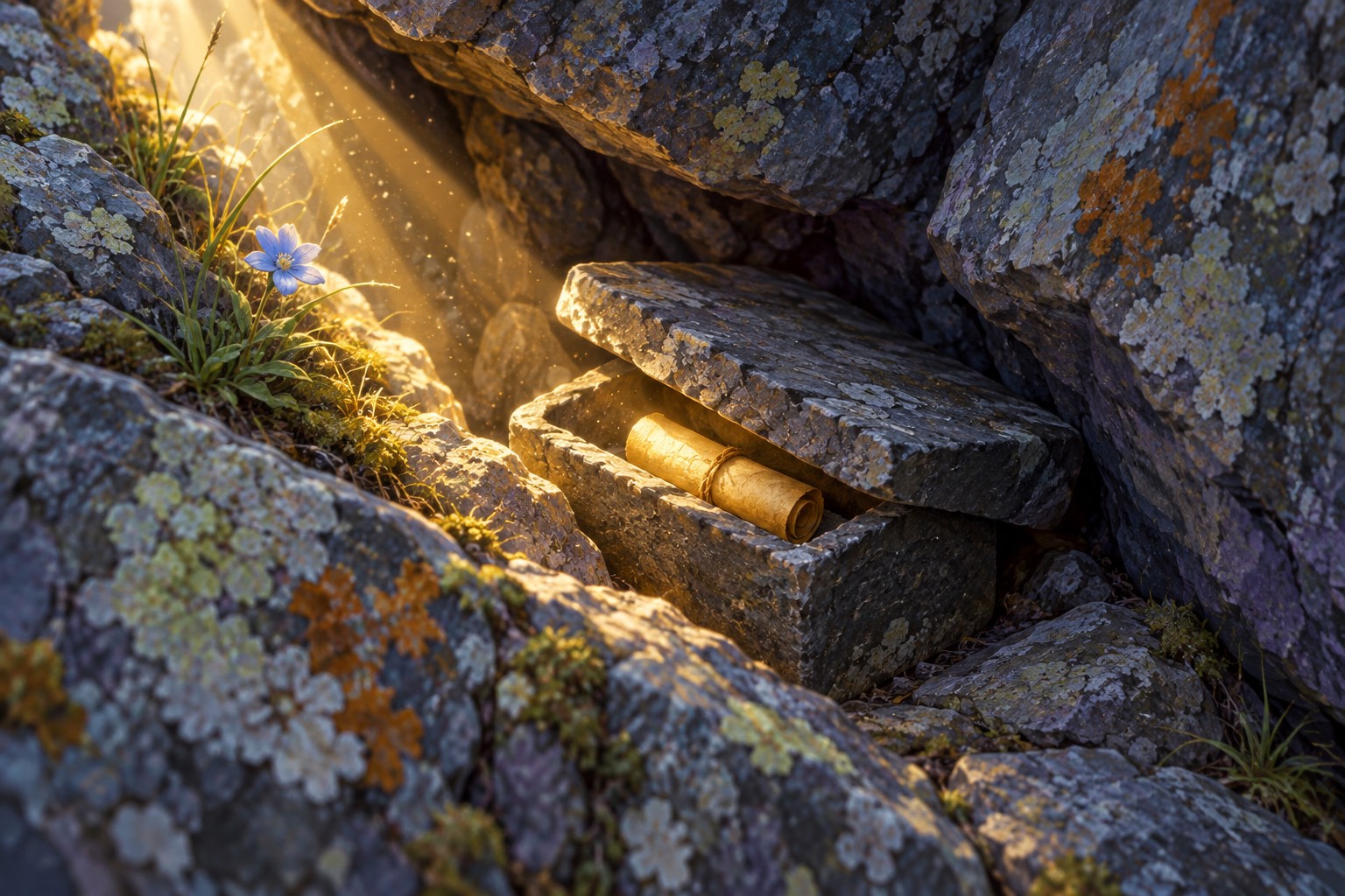 Close view of a narrow crack in a grey cliff. Inside, a small stone casket with its lid ajar holds a tiny rolled yellow scroll, lit by a single sunbeam.