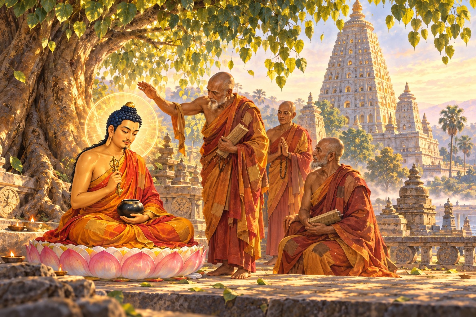 Beneath a huge fig tree with heart-shaped leaves, a golden-skinned monk in saffron robes sits cross-legged holding a black alms bowl and a small golden scepter, head bowed. Three elderly monks in ochre robes surround him, one raising a hand in blessing, with a tall pale temple tower behind.