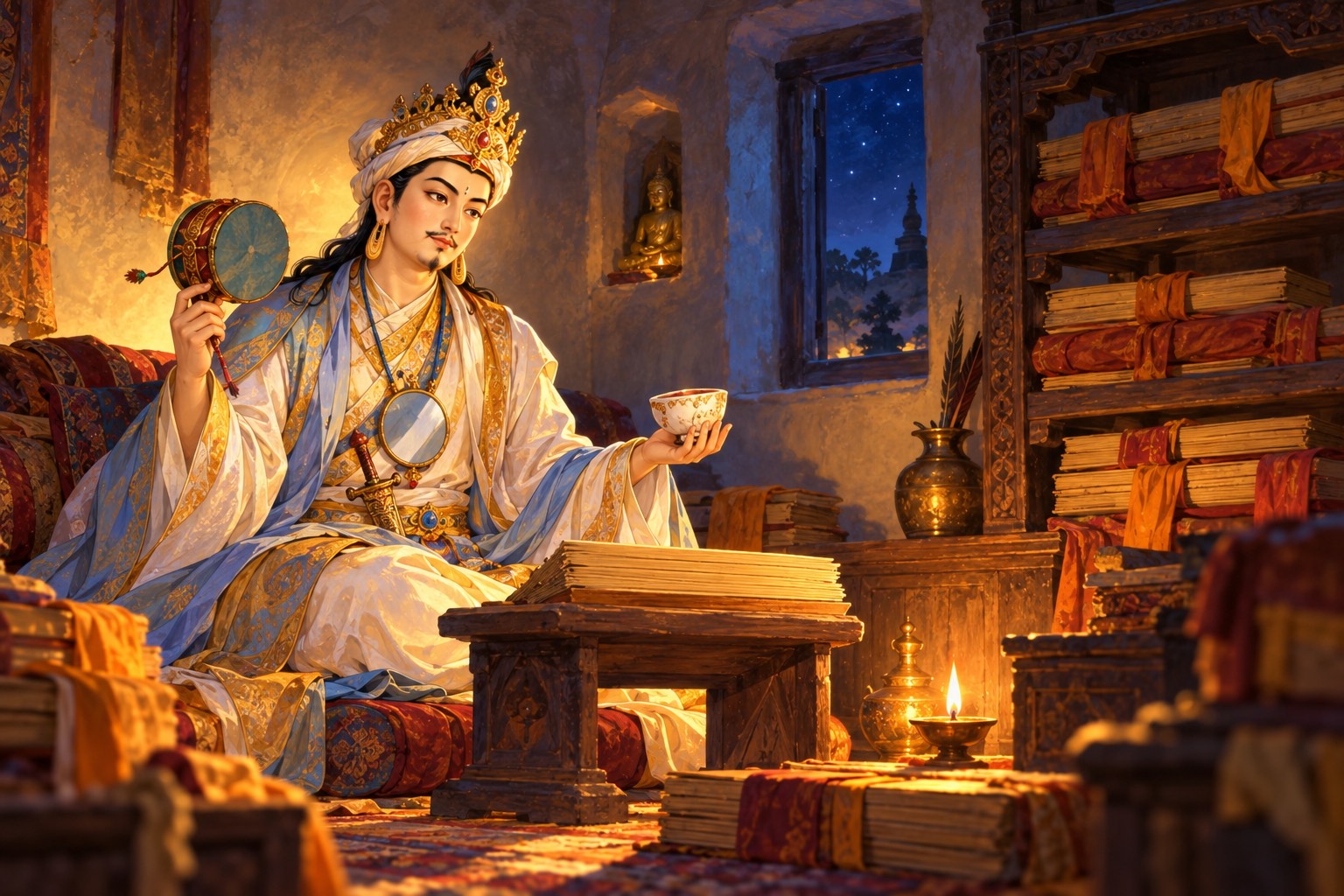 In a small lamp-lit stone room at night, a young prince in pale silks and a gold crown sits beside a reading stand and a shelf of cloth-wrapped palm-leaf books, holding a small drum and a white bowl, looking up thoughtfully.