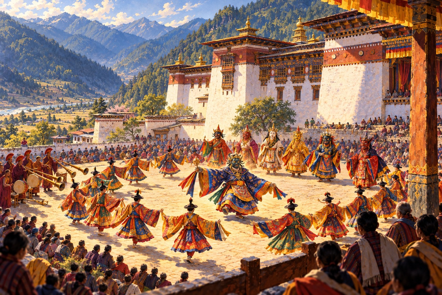 From above, a broad festival ground beside a massive white fortress with a red band under the roof. In the centre, masked dancers in brightly coloured brocade robes turn in a ring around a dancer in a blue-green mask, while musicians play long horns and a seated crowd watches.